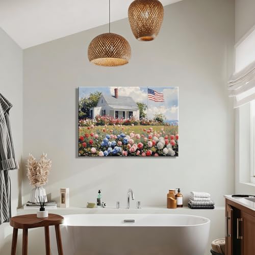 Image of RIBNTAK Patriotic American Flag & Floral Farmhouse Canvas Wall Art, 4th of July Coastal Cottage Pictures, Wildflower Landscape, Independence Day Wall Decor for Living Room, Kitchen, Made USA