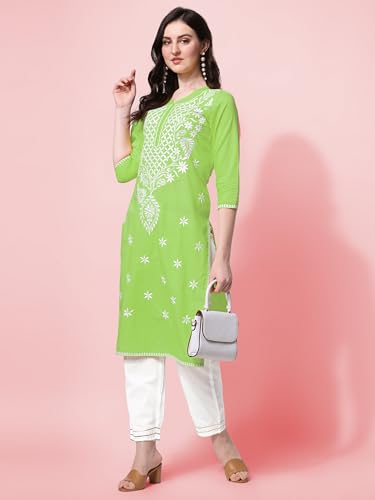 Image of MIRCHI FASHION Pure Cotton Lucknowi Chikankari Embroidered Kurta Set | Straight Fit Kurta Pant Outfit | Ethnic Office Wear & Daily Style 2 Piece Collection