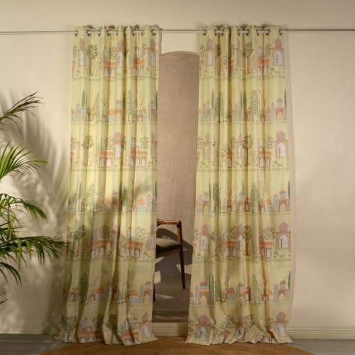 Image of Tranquebar Curtain Co. 152 cm (5 Feet), Yellow Print, Set of 2, 100% Cotton Fabric,Eyelets, Agra- Window Curtains 5 Feet