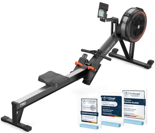YOSUDA R2 Luft Rudergerät für Zuhause, Geprüfte Qualität (Prüfengel), Klappbar, Luftwiderstand, Selbstbetriebenes Display, 10-Stufen Widerstand, Alu-Laufschiene für große Menschen, Bluetooth & App