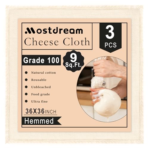 Image of Cheese Cloths, 3Pcs 36x36 Inch Grade 100 Precut Cheese Cloths for Straining, Cotton Unbleached, Reusable Muslin Cheesecloth for Straining, Making Yogurt, Cooking Turkey, Crafts - 9 Sq.Ft