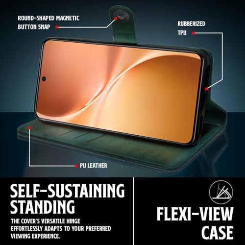 Image of WOW IMAGINE Shock Proof Flip Cover Back Case for Vivo V60 5G | V60e 5G | Vivo T4 Pro 5G (Magnetic Button Flip Case | Wallet Pockets & Stand | Leather Finish | Forest Green)
