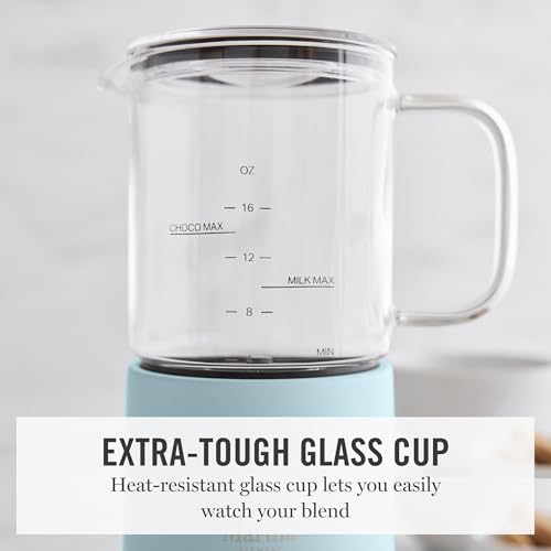 Image of Martha Stewart Milk Frother and Steamer, 10oz /300ml Glass Cup, 4 Presets (Cold Foam, Light, Dense & Hot Chocolate), Ready in 90 Seconds, Cordless Pouring, One-Touch for Hot and Cold Milk, Sky Blue