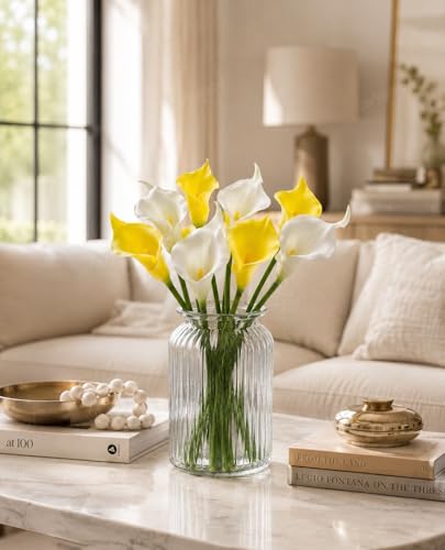 Image of Divyakosh 5 White + 5 Yellow Calla Lily Flowers, Artificial Calla Lily Flowers Bunch for Home Decor, Decorative Flowers for Vase (VASE NOT Included), Artificial Flower for Decoration, Living Room