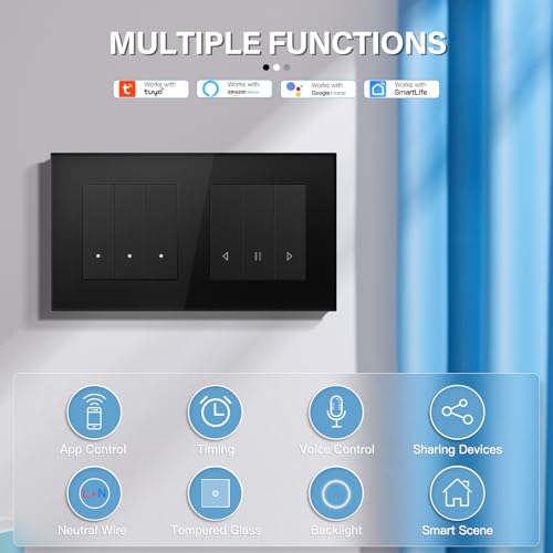 BSEED WIFI 3 Fach 1 Weg Lichtschalter mit Smart Vorhang Schalter Fernbedienung Compatibel mit Google Home und Alexa Neutrale Leitung Ben&ouml;tigt, Schwarz