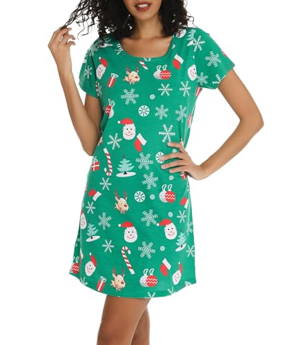 ENJOYNIGHT Christmas Nightgowns for Women Sleepwear Cotton Sleep Shirts Tee Short Sleeves Print Sleepshirt(Medium Green)