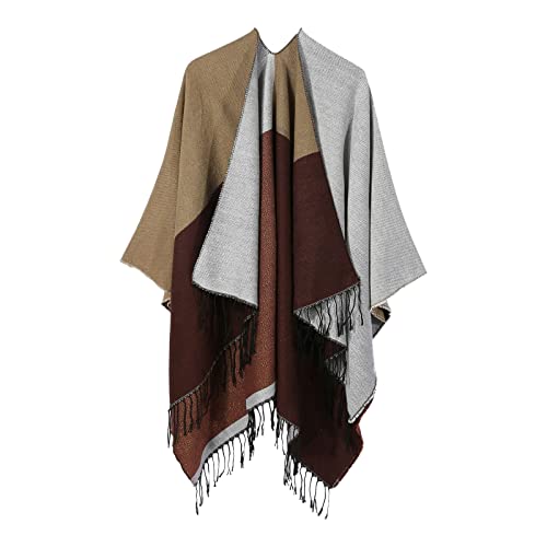 Retro Style Winter Vintage Pattern Tassel Poncho Shawl Cape Wraps for Women Brown