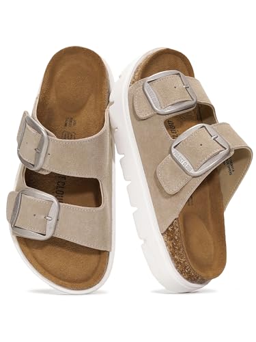 Project Cloud 100% Genuine Leather Platform Sandals Women Footwear - Wedge Chunky Slides for Women 2026 with Memory Foam Insole & Cork Footbed Womens Sandals (GreeceChunky)