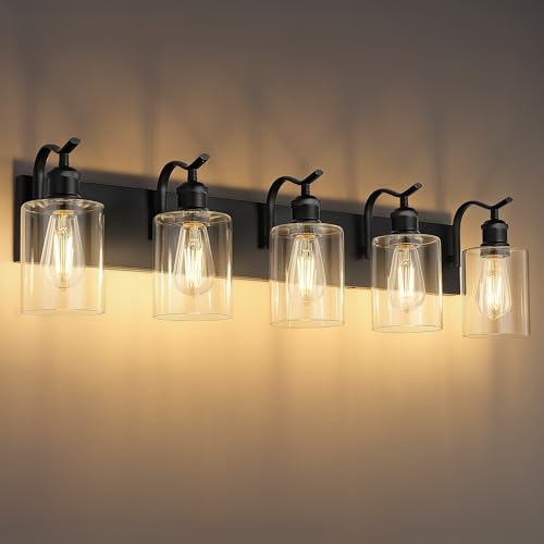 Image of 5 Light Bathroom Vanity Light, Black Light Fixture Morden Bathroom Lighting Fixtures Over Mirror Black Wall Sconces with Clear Glass Shade ZCVL01BK-5