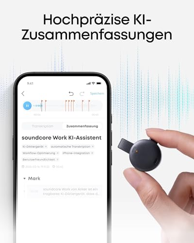 soundcore Work by Anker Voice Recorder, KI-Diktiergerät mit Schreibfunktion und Spracherkennung, 6 Monate Pro ABO gratis, kombinierte Meeting Protokolle, MFi-Zertifiziert, 140+ Sprachen