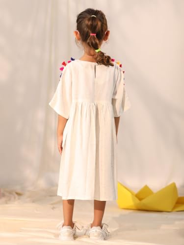 Image of VASTRAMAY Girl's Fit and Flare Knee Length Handcrafted Cotton Blend Flared Dress V-Neck with Colorful Tassel Lace Perfect for Festive Outfit