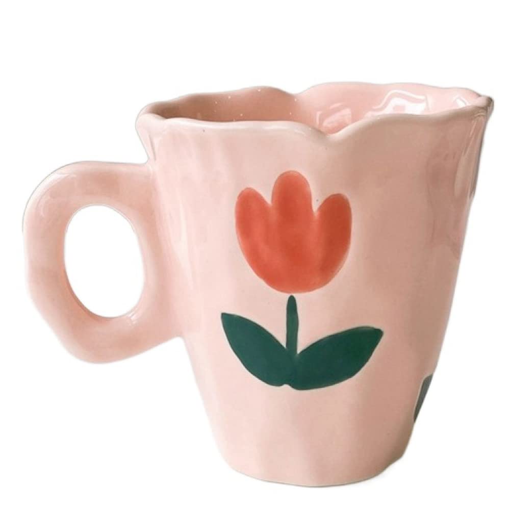 CTRLZS Handmade Ceramic Mugs Hand Painted Tulip and Cloud Irregular Coffee Cup for Tea Milk Gifts Cup(Pink)