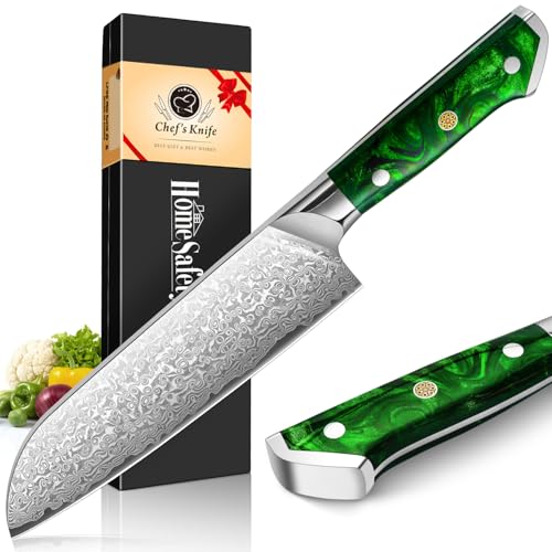HomeSafety 包丁 三徳包丁 ダマスカス 刃渡り178mm. プロ用牛刀, キッチン用万能. 手打ち鍛造キッチンナイフ, 本物のダマスカス模様 両刃 左利き用, 錆びにくい67層の高炭素ステンレス鋼 料理. 天然グリーン樹脂&一体型ナイフハンドル構
