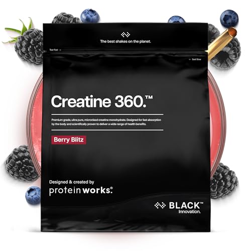 Protein Works | Creatine 360 – BLACK Innovation, Kreatin-Monohydrat, mikronisiertes Kreatinpulver, 100 % Reinheit, 200 Mesh Ultra-Fein, Energie & Leistung, Beeren-Blitz, 62 Portionen, 250g 1