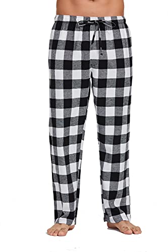 CYZ Men's 100% Cotton Super Soft Flannel Plaid Pajama Pants,Black White Check,Large