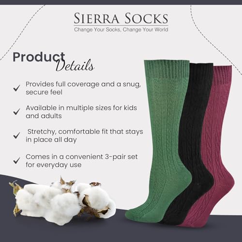 Classic Girls Cable Knit Knee socks, Combed Cotton Knee High Uniform Socks Soft 3 Pair Pack, Cozy Girls School Uniform Socks3