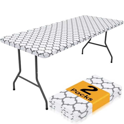 Smiry 2 Pack Rectangle Table Cloth 8 Foot, Waterproof Elastic Fitted Tablecloths, Windproof Washable Polyester Table Cover for Picnic, Camping, Outdoor (White, 30"x96")