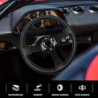 Acclcors Universal Racing Steering Wheel, Drifting Steering Wheel, 350mm/14in Deep Bottom with Horn Button, 6 Bolt Grip Vinyl Leather for Racing/Rally/Motorsport/Car Sim Driving Black