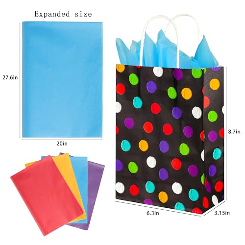 Image of BLEWINDZ 32Pcs Small Gift Bags with Tissue - Polka Dot Black Party Gift Bags with Handles, Colorful Rainbow Paper Goodie Bag for Party Favors, Kids Birthday