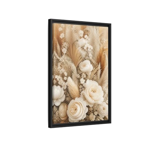 Toile fleurs séchées beige sous cadre noir 40x60 cm pour salon