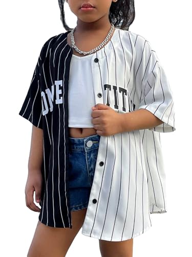 Verdusa Girl's Letter Print Striped Drop Shoulder Loose Shirt Casual Button Down Blouse Top