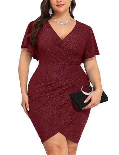 Image of CYCLAMEN 1X-4X Plus Size Sparkle Glitter Ruched Bodycon Mini Wrap Dress Sparkly Sequin Dresses Ruffle Sleeve Party Cocktail