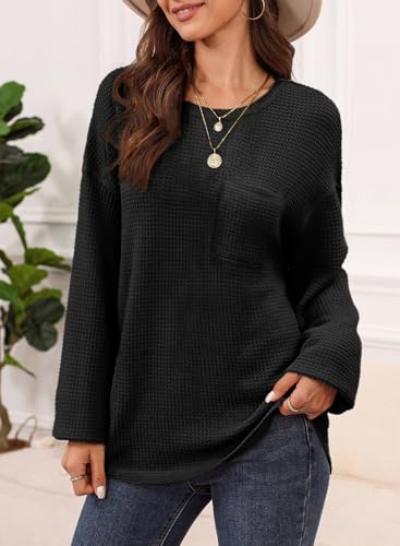 Image of Dokotoo Womens Waffle Knit Tops 2026 Oversized Long Sleeve Crewneck Shirts Business Casual Blouses Basic Shirts