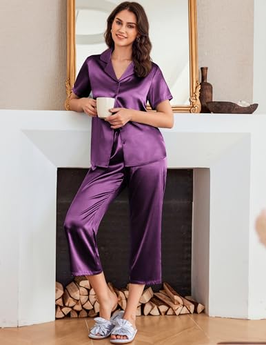 Image of Ekouaer Womens Satin Pajamas Silk Capri Pjs 2 Piece Lounge Sets Short Sleeve Button Down Sleepwear