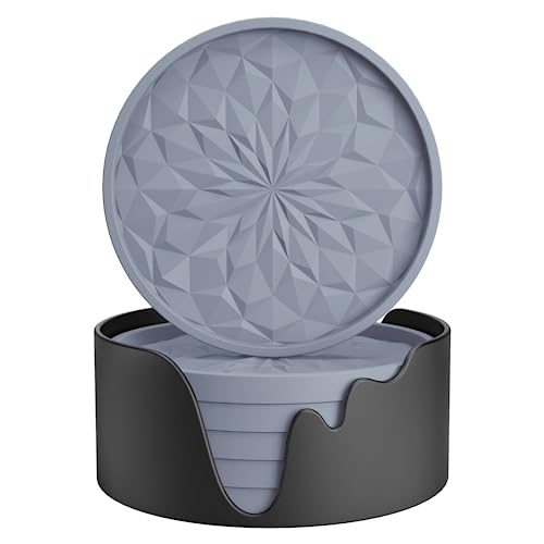 ME.FAN Silicone Coasters with Holder,[6 Pack] Drinking Coasters - Cup Mat for Hot or Cold Drinks, Thickened, Non-Slip, Non-stick,Deep Tray Light Grey