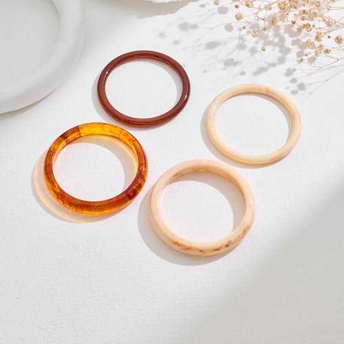 WOWORAMA 4 Pcs Resin Acrylic Bangle Bracelets Set for Women Thin Cream White Acetate Resin Bangles Stackable Round Brown Tortoise Acrylic Bracelet