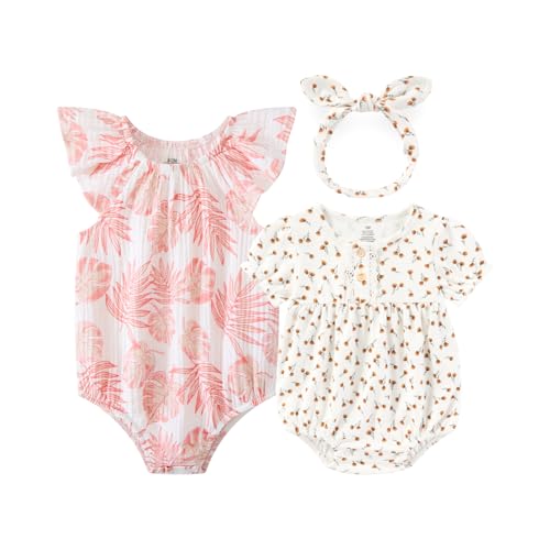 Baby Girl Clothes Cotton Short Sleeve Romper Outfit Infant Bodysuit with Headband Set