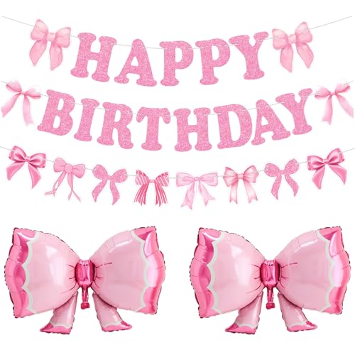Pink Bow Birthday Decorations - Happy Birthday Banner, Balloons for Coquette Party