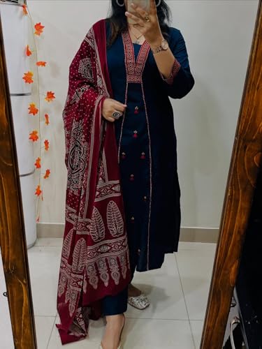 Image of ANNI Designer Navy Blue Pure Cotton A-Line Kurta Pant Dupatta Set for Women | Embroidery 3 Piece Suit with Straight Pants & Matching Dupatta | Festive Office Ethnic Wear