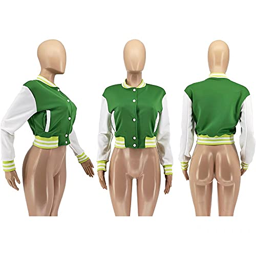Thusfar Women Semi Fitted Motorcycle Solid Color Stand Collar Pocket 80S 90S Oversized Sport Crop Flight Bomber Jacket Green M #TOP5