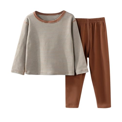 Kids Striped Cotton Linen Set Home Long Sleeve Crewneck Tops Warm Fall Winter Shirts Set Comfort Soft Pants Relaxed B-145 Coffee Boyyy Girrll Year 7-8 Years