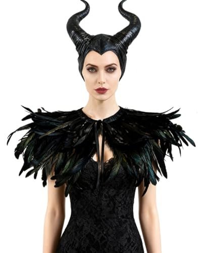 L'VOW Women Gothic Black Feather Cape Shawl Demon Witch Ox Horns Halloween Crow Evil Queen Costume(Style-1)
