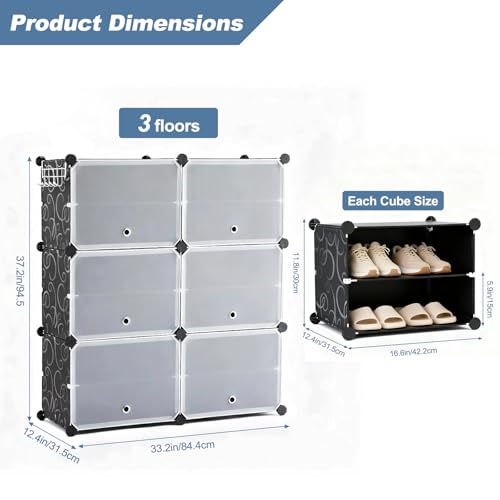 Image of DUMOS 6-Tier Shoe Storage Cabinet with Door, Stackable, 24 Pairs, Black