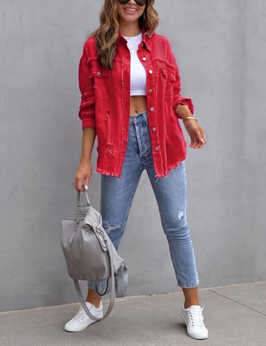 Womens Ripped Distressed Denim Jacket Tops Oversized Casual Long