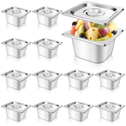 12 Pack 1/6 Stainless Steel Hotel Pans with Lids