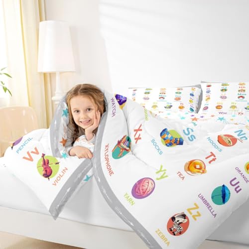 Image of Feelyou ABC Alphabet Bedding Set King Size, Cartoon Alphabet Comforter Numbers Alphabet Comforter Set Kids Toddler Educational Learning Duvet Set Microfiber Bed Set
