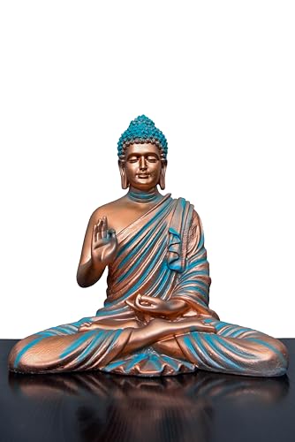 Image of Beautiful Sitting Buddha Idol Statue for Home & Garden Living Room | Healing Spirit Blessing Buddha Statue - 15 Inch Size (Copper + Blue)