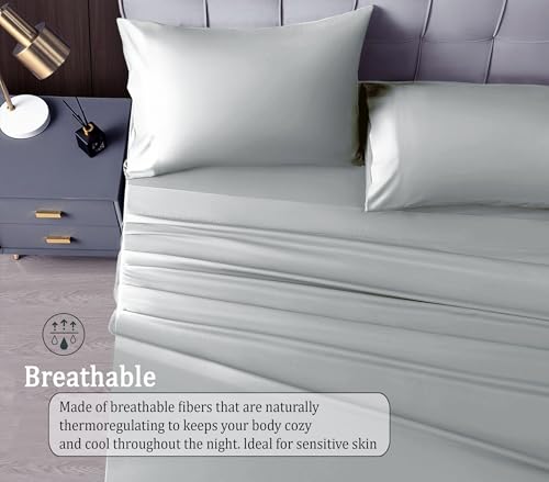 Image of RD TREND Microfiber Satin Weave Fitted Bedsheets for Queen Size Bed 78x60x10 Inch with 2 Pillow Covers-18x28 Inch | 400 TC All Around Elastic | Silver