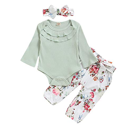 Miss Fortan 3PCS Mädchen Baby Body Strampler Outfit Set, Blumenschmuck Stil Rüschen Solide Baby Langarm Body Strampler Outfit(Strampler+Hosen+Haarband) Baby Geschenkset 0-24 Monate (Grün01, 70)
