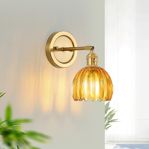 Image of Wall Sconces Set of 2 Vintage Wall Lights Indoor with Amber Glass Shade 180Adjustable,Twist Switch Modern Wall Lighting Fixture for Bedroom Bathroom Doorway Vanity Entryway Living Room