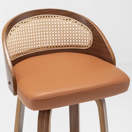 Image of 24.8 inch Swivel Rattan Bar Stools Set of 3,Mid-Century Modern Orange Leather Upholstered Counter Height Stools,Kitchen Island Barstools with Rattan Low Backrest,Walnut Wood Finish Bar Chair