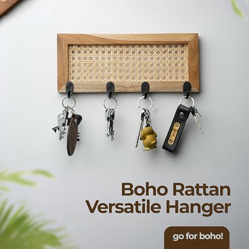 Image of Ikari Homes Handmade Rattan Key Holder for Wall - Solid Wood & Cane Key Hanger Rack, Boho Wall Mounted Key Organizer for Entryway, Living Room, Bedroom & Home Decor