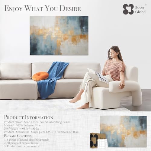 Image of Soon Global 8-Pack Acoustical Wall Panels, 48 X 32 Inches Art Acoustic Panels, Decorative Acoustic Panels, Acoustic Wall Panels, Sound Absorbing Wall Art, Teal Aura