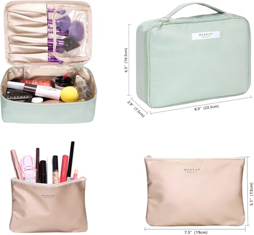 Image of WEMOL Small Travel Fashion Cosmetic Organizer Bag with Detachable Pouch, Super Soft Makeup Organiser Bag for Brushes, Toiletries, Cosmetics Items for Women (Green)