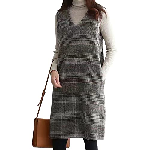 [KumiModa] ジャンパースカート ロング ワンピース 2点セット 黒のTシャツ付き レディース 深Vネック チェック柄 ノースリーブ ミディアム丈 膝丈 大人 重ね着 レイヤード 着やせ 春秋 (F, チェック)のサムネイル