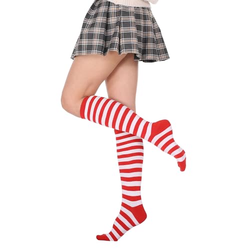 FGFD&OU Calcetines Largos Mujer Calcetines Altos Calcetines Hasta la Rodilla Calcetines de Rayas Termicos Caliente para Niñas y Mujeres Medias Navideñas (Blanco&rojo)